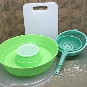 4 pc bundle; Covered fruit/veggie tray, cutting board, & set of 2 strainers